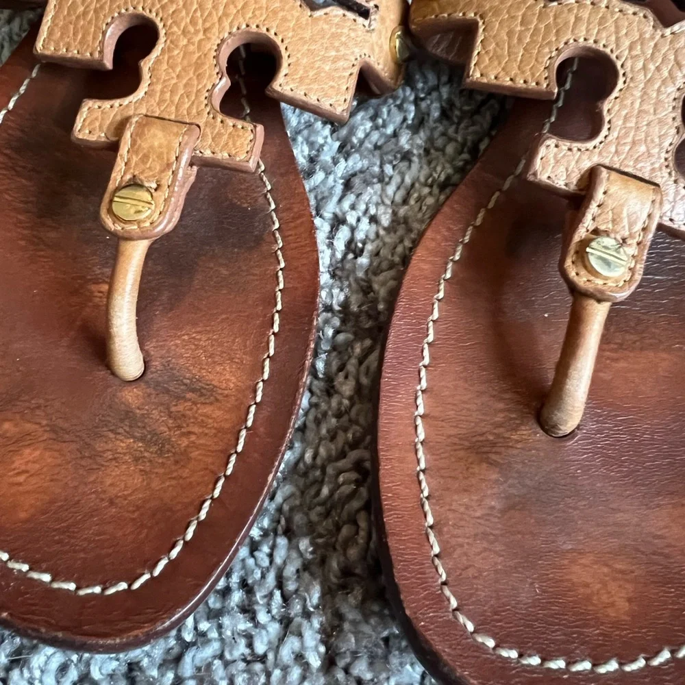 Tory Burch Tan Leather Miller Logo Thong Sandals